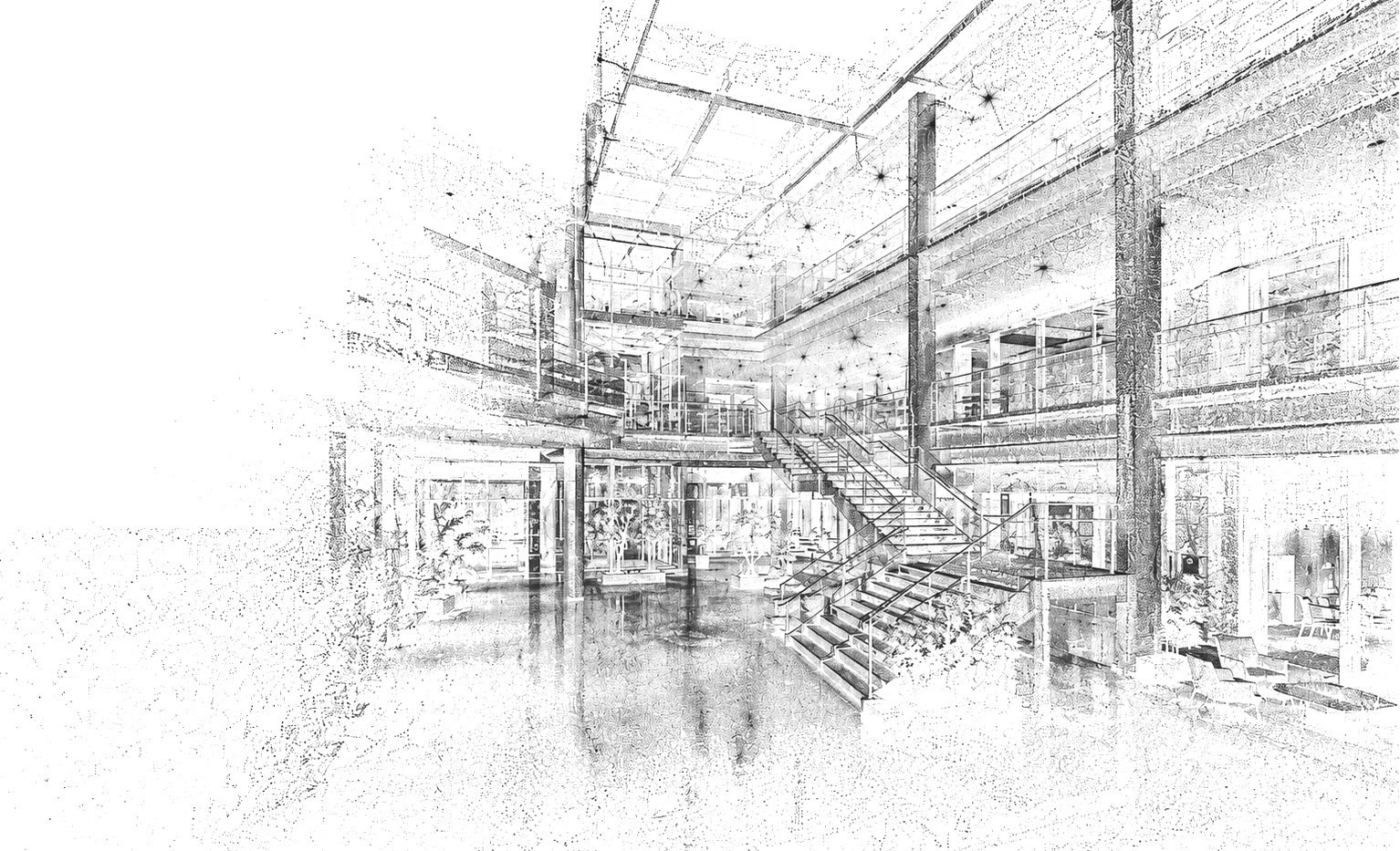 Punktwolke aus einem 3D‑Laserscan: Atrium über drei Geschosse, als Zeichnung dargestellt
